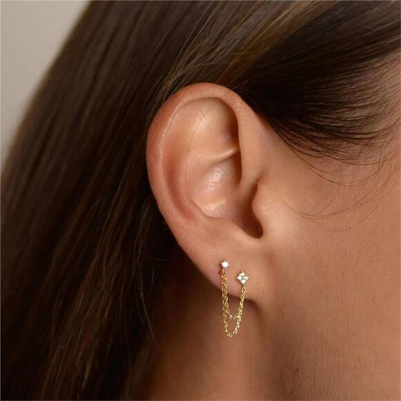 Gold dainty cartilage double piercing chain dangle cubic zirconia earrings for w - Picture 2 of 6